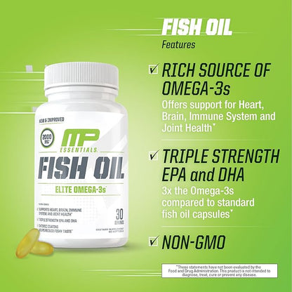 MusclePharm Essentials Fish Oil, Elite Omega 3 Supplement, Supports Joints, Muscular Performance & Recovery, Brain, Heart & Immune Health, 2000mg Omega 3 Fish Oil Per Serving, 60 Softgels, 30 Servings