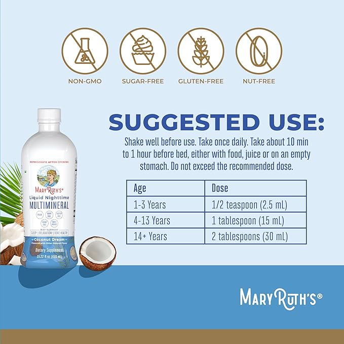 MaryRuth Organics Liquid Nighttime Multimineral Sleep Supplement | Sugar Free | Calm Magnesium Citrate | NO Melatonin | Calcium Magnesium Zinc | Available in 4 Flavors | Gluten Free | 15 Servings