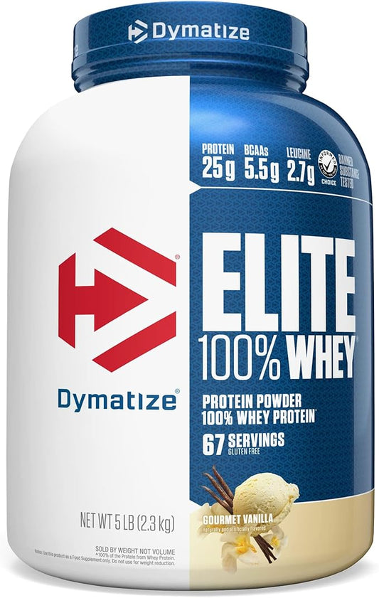 Dymatize Elite 100% Whey Protein Powder, 25g Protein, 5.5g BCAAs & 2.7g L-Leucine, Quick Absorbing & Fast Digesting for Optimal Muscle Recovery, Gourmet Vanilla, 5 Pound, 67 Servings