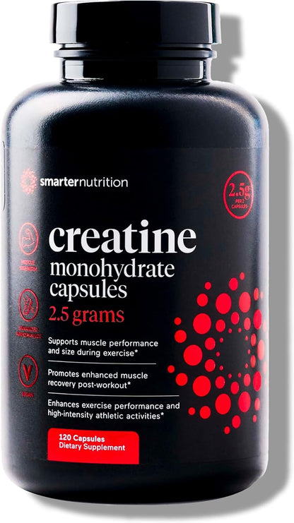 Smarter Nutrition Creatine Monohydrate Pills with 2500mg (2.5g) Per Serving, Vegan Capsules - Pre & Post Workout Recovery Support, Promotes Muscle Mass &. Endurance - 120 Count[60-Day Supply]