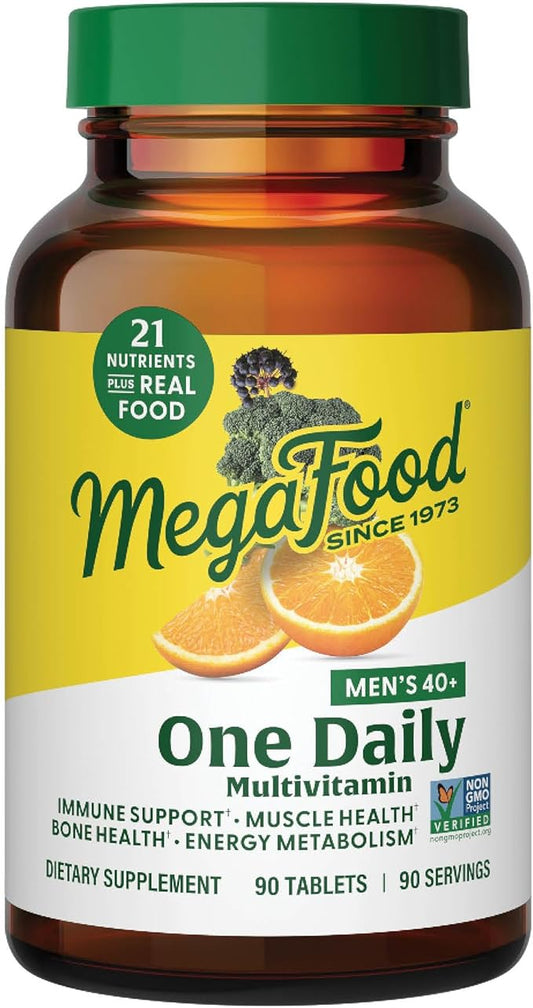 MegaFood Men's 40+ One Daily Multivitamin for Men With Vitamin B, Vitamin D3, Selenium, Zinc & Real Food - Immune Support, Energy Metabolism, and Muscle & Bone Health – Non GMO; Vegetarian - 90 Tabs