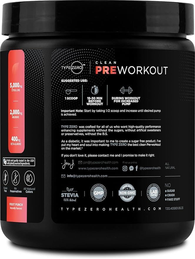 Type Zero Clean Pre Workout (11.3 oz, Fruit Punch) + Beet Root + L-Arginine + L-Citrulline, 2G Arginine, L-Citrulline Malate, Beta A, Sugar Free, Organic Caffeine Preworkout for Men & Women