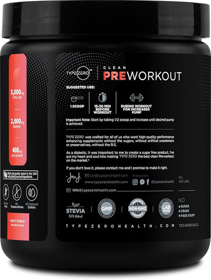 Type Zero Clean Pre Workout (11.3 oz, Fruit Punch) + Beet Root + L-Arginine + L-Citrulline, 2G Arginine, L-Citrulline Malate, Beta A, Sugar Free, Organic Caffeine Preworkout for Men & Women