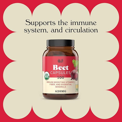 Organic Beet Root Capsules - Made in The USA, Naturally Boost Energy, Stamina, & Nitric Oxide with a Pure Organic Beet Root Supplement