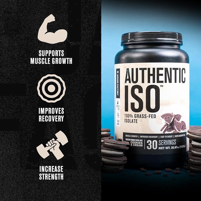 Jacked Factory Authentic ISO Grass Fed Whey Protein Isolate Powder - Low Carb, Non-GMO Muscle Building Protein w/No Fillers, Post Workout Recovery, Cookies & Cream