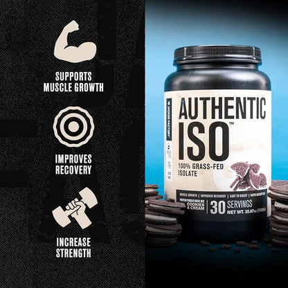 Jacked Factory Authentic ISO Grass Fed Whey Protein Isolate Powder - Low Carb, Non-GMO Muscle Building Protein w/No Fillers, Post Workout Recovery, Cookies & Cream
