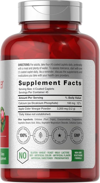 Horbäach Apple Cider Vinegar Caplets 3200mg | 180 Pills | Vegetarian, Non-GMO & Gluten Free Supplement