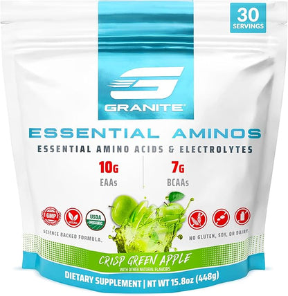 Granite 10g Essential Amino Acids Powder | Muscle Recovery Supplement for Muscle Growth | 7g BCAA Powder with Electrolytes | 30 Servings | Green Apple Flavor | Soy & Gluten Free | Made in USA