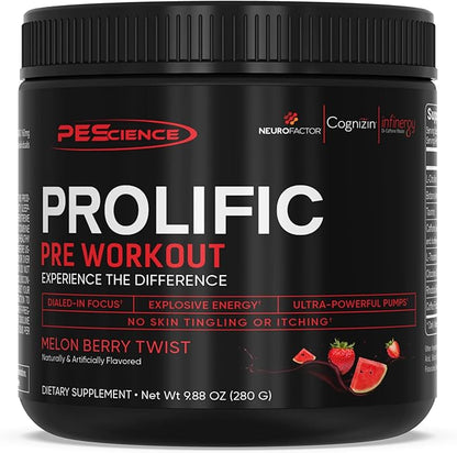 PEScience Prolific Pre Workout, Melon Berry Twist, 40 Scoops, Energy Supplement with Nitric Oxide
