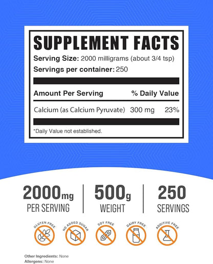 BulkSupplements.com Calcium Pyruvate Powder - Calcium Supplement - Calcium Powder Supplement - Pyruvate Supplement - Calcium Powder - 2000mg (300mg Calcium) per Serving (500 Grams - 1.1 lbs)