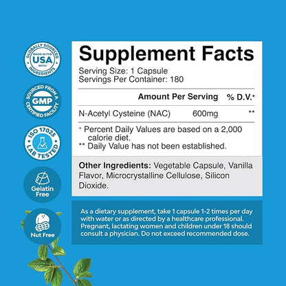 NAC Supplement N-Acetyl Cysteine 600mg - Potent Vegan High Absorption NAC 600 mg Capsules Glutathione Precursor for Liver Cleanse Detox & Repair plus Lung Health and Immunity Support (180ct)
