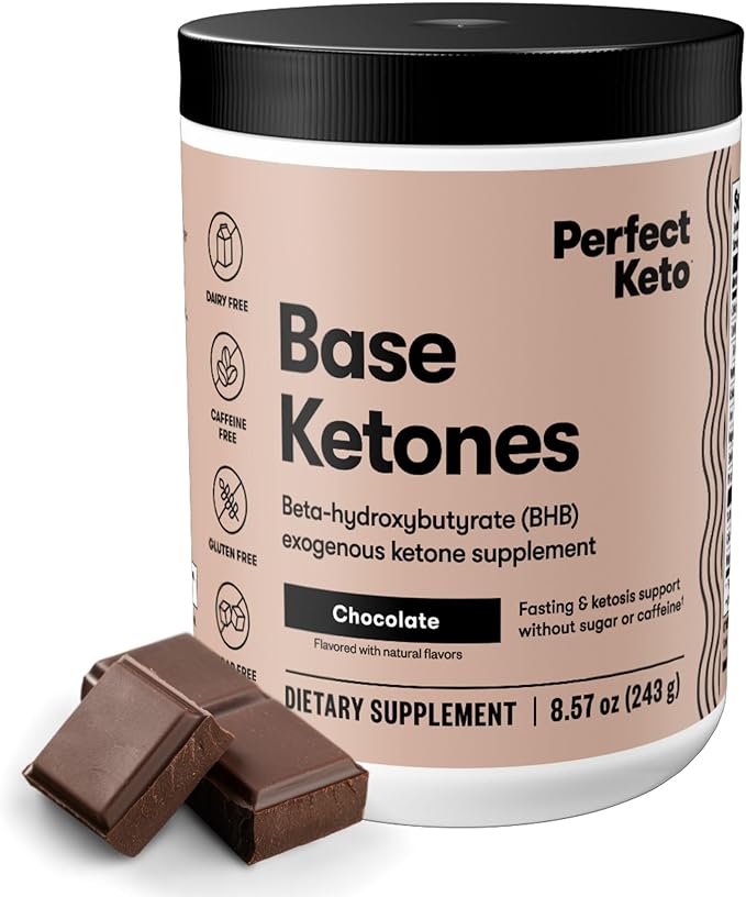 Perfect Keto Exogenous Ketones Powder, BHB Salts for Ketosis & Fasting Support, Electrolytes for Hydration, Caffeine Free Energy, Chocolate, 8.57 oz