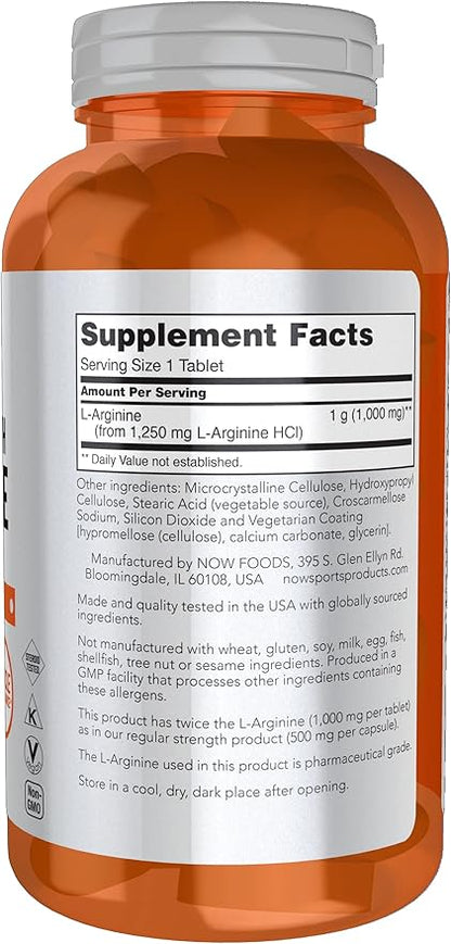 NOW Foods Sports Nutrition, L-Arginine Double Strength 1000mg, Nitric Oxide Precursor, Amino Acids, 180 Tablets