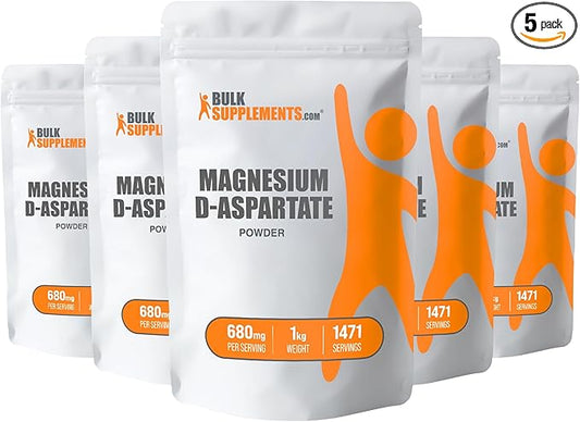 BulkSupplements.com Magnesium D-Aspartate Powder - Magnesium Supplement, High Absorption Magnesium - Gluten Free, 680mg (49mg of Magnesium) per Serving, 5kg (11 lbs) (Pack of 5)