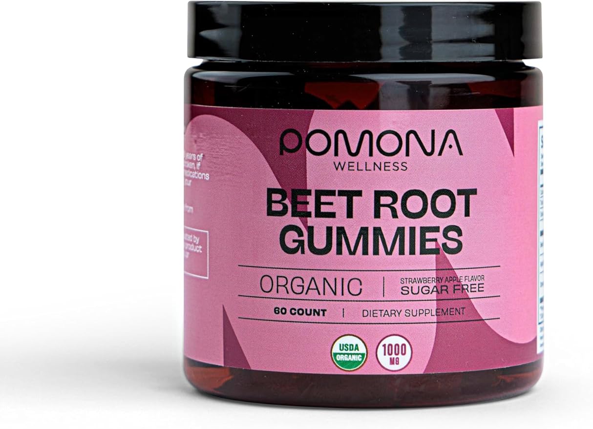Pomona Wellness Organic Potent Beetroot Powder Gummies 1000mg – Sugar Free, Nitric Oxide Supplement - Natural Strawberry and Apple Flavor, Vegan, 60 Count