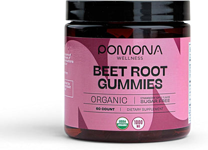 Pomona Wellness Organic Potent Beetroot Powder Gummies 1000mg – Sugar Free, Nitric Oxide Supplement - Natural Strawberry and Apple Flavor, Vegan, 60 Count