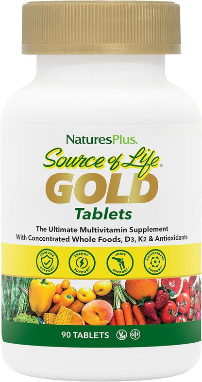 Natures Plus Source of Life Gold Multivitamin - 90 Tablets - with Vitamins D3, B12 & K2 - Blood, Bone & Immune Support - Vegetarian & Gluten Free - 30 Servings
