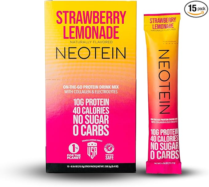 Electrolyte Powder Packets with 10g Protein & Collagen - Hydration Packets - Zero Sugar, NO Fillers, NO Carbs | Strawberry Lemonade | 40 Calories | Keto & Paleo | Pack of 15