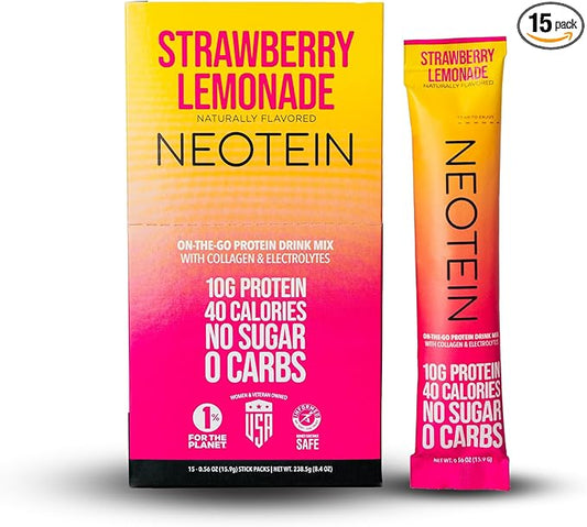 Electrolyte Powder Packets with 10g Protein & Collagen - Hydration Packets - Zero Sugar, NO Fillers, NO Carbs | Strawberry Lemonade | 40 Calories | Keto & Paleo | Pack of 15