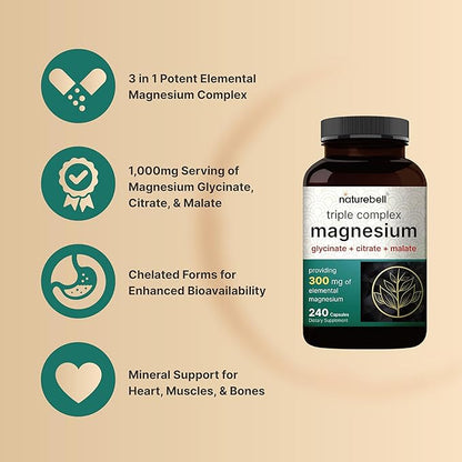 Triple Complex Magnesium Supplement, 240 Capsules | Magnesium Glycinate 500mg with Citrate & Malate | Chelated & Purified | Bone, Heart, & Muscle Support | Non-GMO