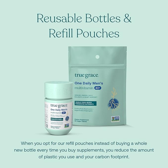 True Grace Men's 40+ One Daily Multivitamin Fermented Minerals, Organic Adaptogens & Mushrooms Whole Body Balance Immune, Endurance, Bone & Heart Support Supplement - Non-GMO - 30 Vegan Tablets