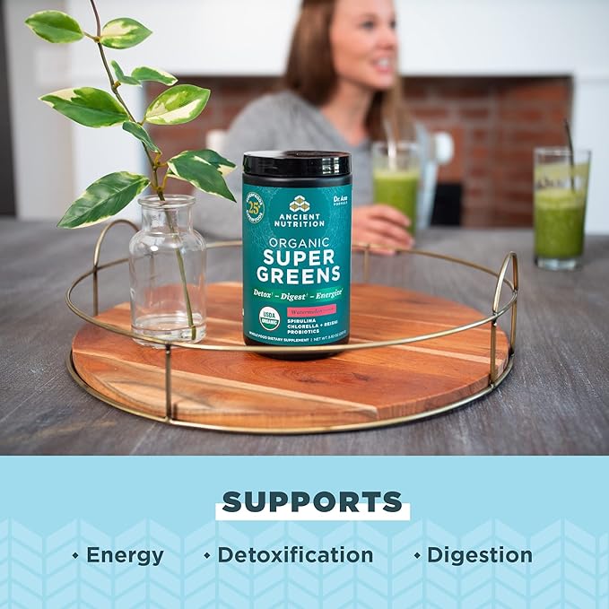 ANCIENT NUTRITION Organic SuperGreens Powder with Probiotics, Peppermint, Made from Real Fruits & Vegetables, Digestive & Energy Support, 25 Servings