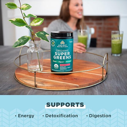 ANCIENT NUTRITION Organic SuperGreens Powder with Probiotics, Peppermint, Made from Real Fruits & Vegetables, Digestive & Energy Support, 25 Servings