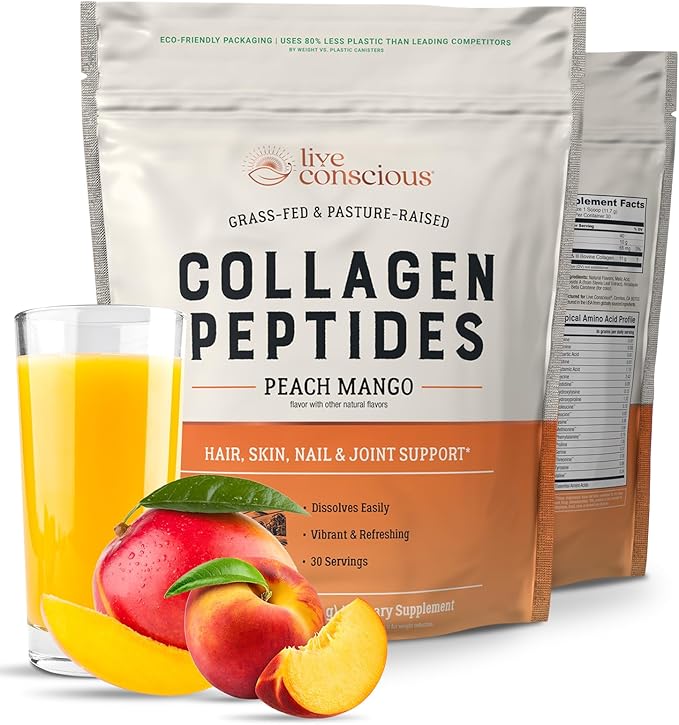 Live Conscious Collagen Peptides Powder - Peach Mango Flavored Collagen Powder - Hair, Skin, Nail, & Joint Support - Type I & III Grass-Fed Collagen Supplements for Women and Men - 30 Serving - 12.4oz