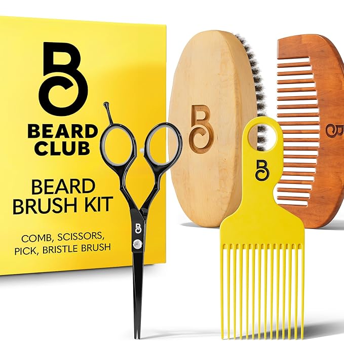 The Beard Club Beard Brush, Beard Pick, Beard Comb and Scissors - Beard Kit for Men Grooming and Care for Beards and Mustaches - Gift Set