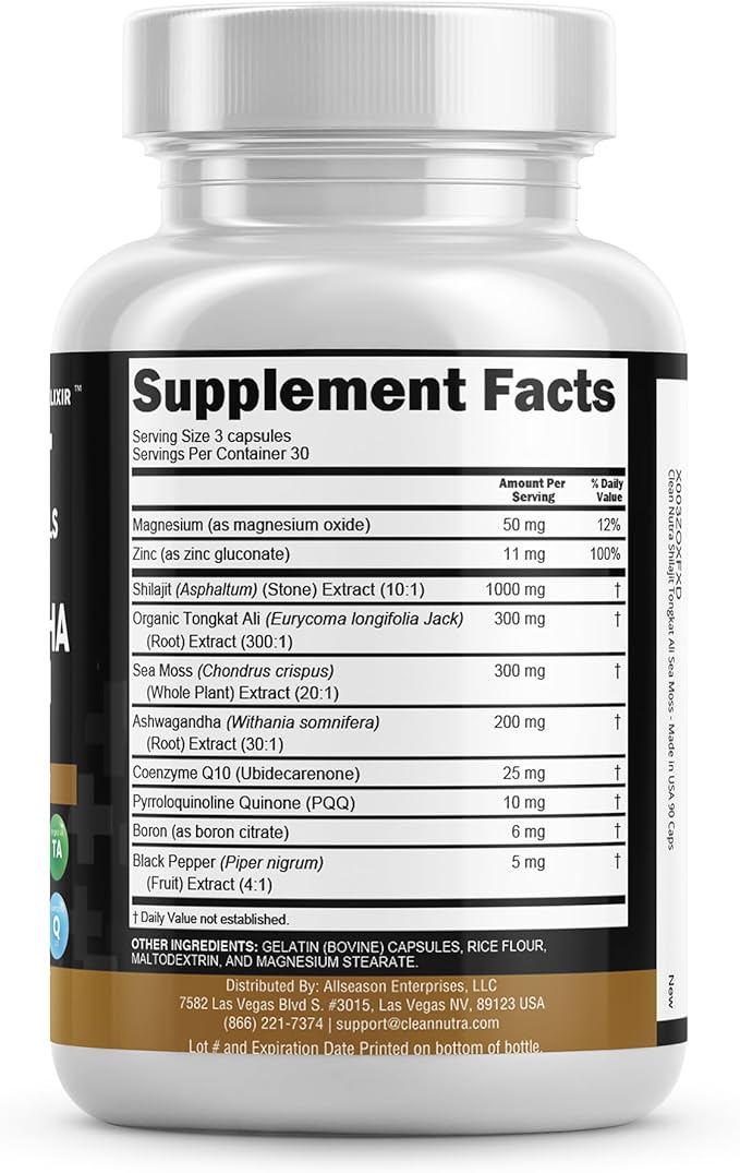 Clean Nutraceuticals Shilajit Supplement with Sea Moss, Ashwagandha, Tongkat Ali, Boron, Magnesium - Fulvic Acid Capsules for Men - 90 Count