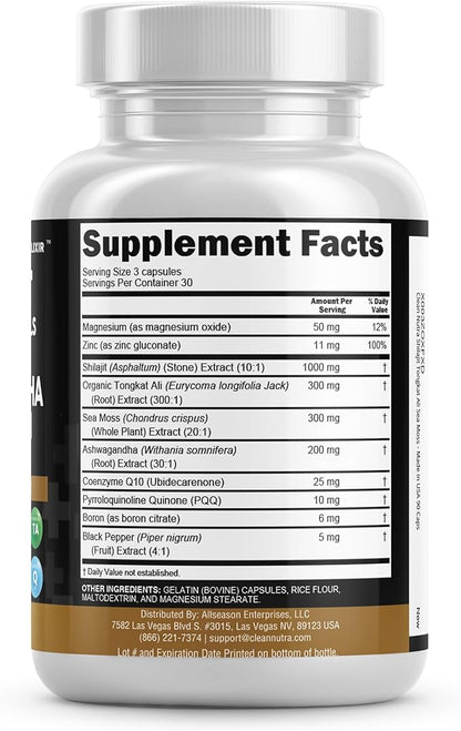Clean Nutraceuticals Shilajit Supplement with Sea Moss, Ashwagandha, Tongkat Ali, Boron, Magnesium - Fulvic Acid Capsules for Men - 90 Count