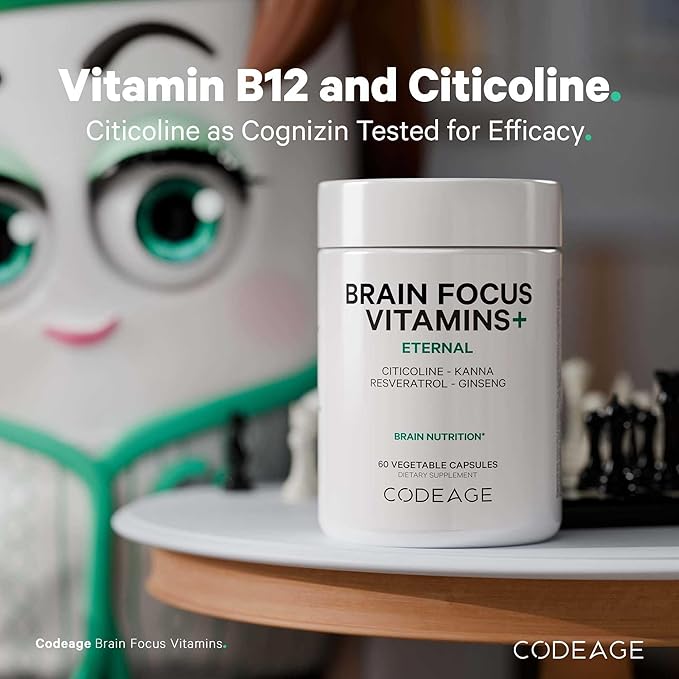 Codeage Brain Focus Vitamins+ Nootropic Supplement with Citicoline as Cognizin, Panax Ginseng, Resveratrol, Gotu Kola, Vitamin B12 Methylcobalamin - Liposomal Delivery - Non-GMO - 60 Capsules