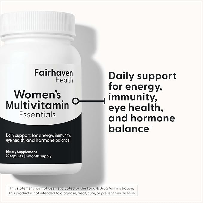Fairhaven Health Women’s Multivitamin Essentials | Once-Daily Women’s Multivitamin Support for Energy, Immune Health, Eye Health, Hormone Balance | Gluten, Dairy, Soy Free | Non-GMO | 30 Capsules