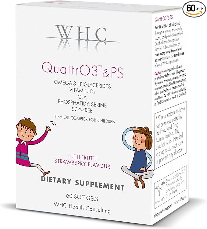 WHC, QuattrO3 & PS, Fish Oil Complex for Children (60 Softgels) - Omega-3 Triglycerides, Vitamin D3, GLA, Phosphatidylserine, Tutti-Frutti Strawberry