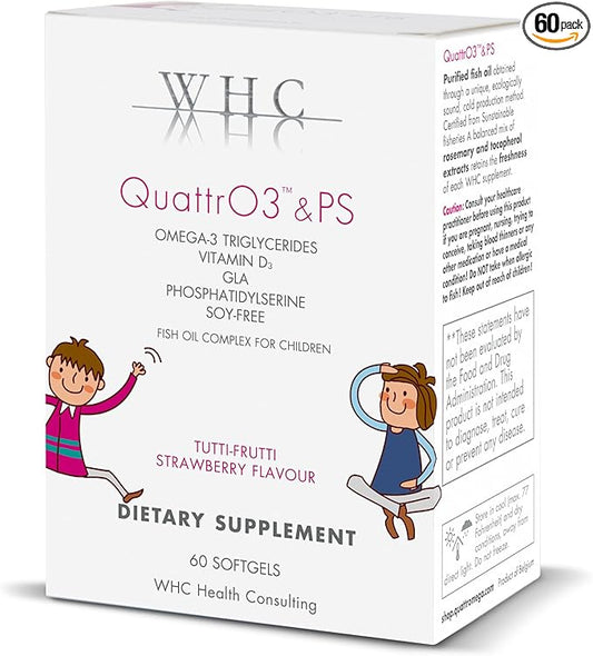 WHC, QuattrO3 & PS, Fish Oil Complex for Children (60 Softgels) - Omega-3 Triglycerides, Vitamin D3, GLA, Phosphatidylserine, Tutti-Frutti Strawberry