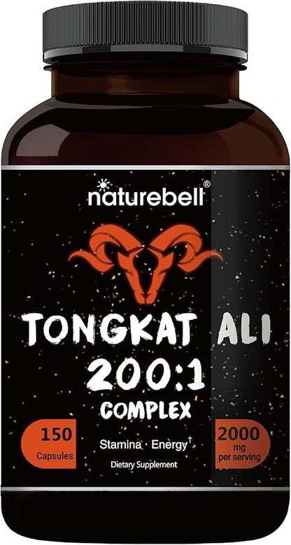 Tongkat Ali 200:1 (Longjack) Extract for Men, 2000mg Per Serving, 150 Capsules, Indonesia Origin, Eurycoma Longifolia | with Panax Ginseng for Energy, Stamina, & Male Health Support