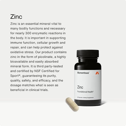 Momentous Zinc Picolinate 15mg - Immunity & Hormone Support - Bioavailable Zinc Supplement - Promotes Joint Health & Lean Muscle Mass - NSF Certified, GMO-Free, Gluten Free, 60 Servings
