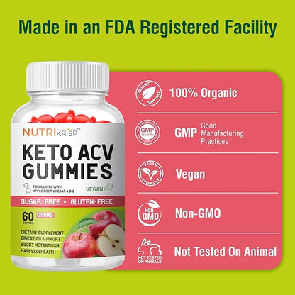 Keto ACV Gummies Advanced Weight Loss & Rapid Belly Fat Burn - Sugar-Free Gluten Free Super Apple Cider Vinegar Diet Supplement for Men Women (1200MG)