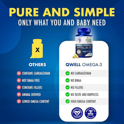 Vegan Prenatal Vitamins with DHA (60 Count) Omega-3 – Qwell Better Than Fish Oil, Brain Function – 820 Mg Algae DHA & EPA, Vegan Prenatal Vitamins with Vitamin E, Carrageenan-Free