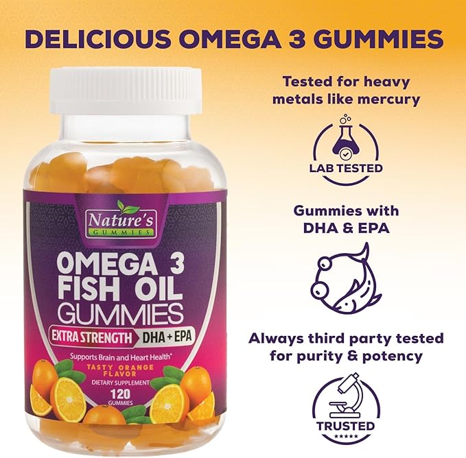 Omega Fish Oil Gummies - Delicious Orange Flavor Fish Oil Omega 3 Supplements with Heart Healthy EPA & DHA Fatty Acids for Heart, Joint & Brain Support - Omega 3 Fish Oil Gummy Vitamins - 120 Gummies