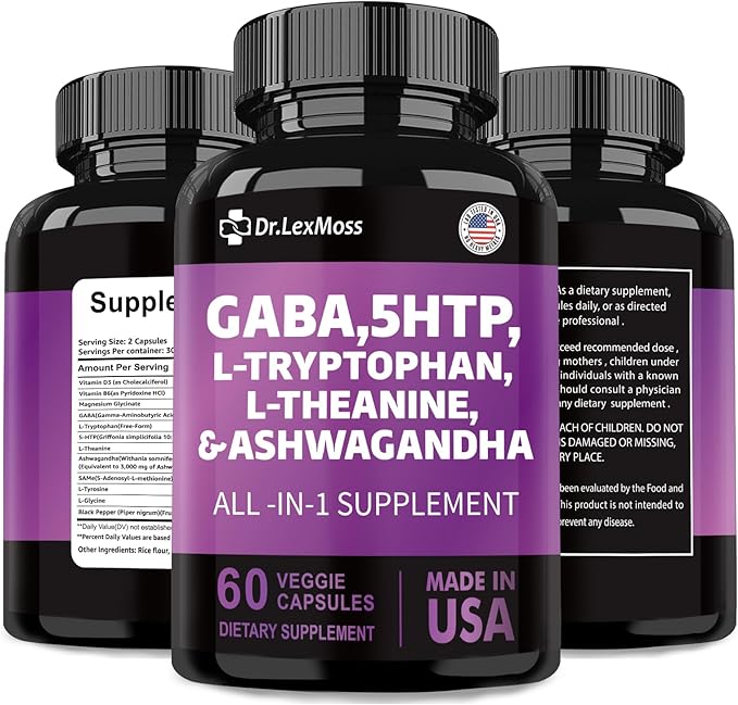 GABA 750mg 5 HTP 200mg L Tryptophan 500mg L Theanine 200mg Ashwagandha 3000mg SAM-e L-Glycine Mood Support Vitamins for Women and Men with L-Tyrosine Made in USA 60 Count