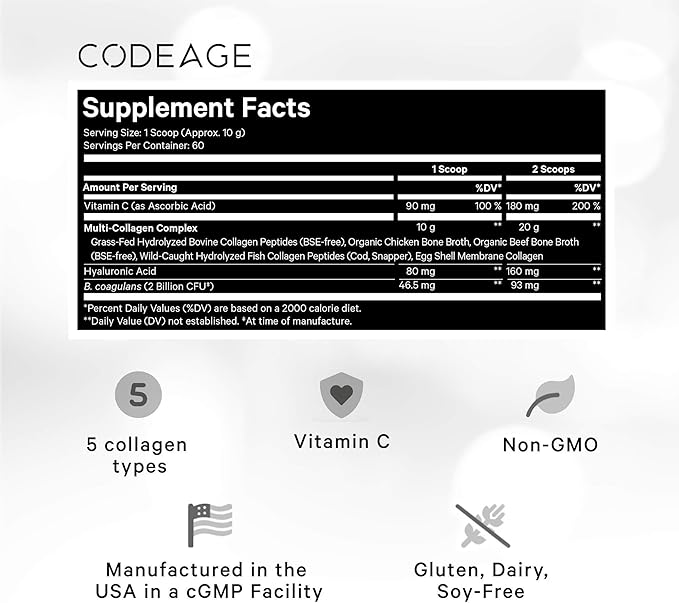 Codeage Multi Collagen Peptides + Probiotics Black Edition, Vitamin C, Hyaluronic Acid Powder Supplement, Grass-Fed, Pasture-Raised, Hydrolyzed, Zero Carbs, Type I, II, III, V & X, Unflavored, 21oz