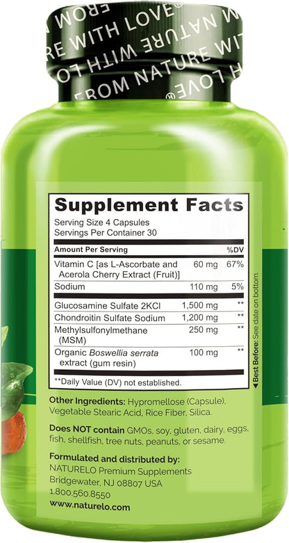 NATURELO Glucosamine Chondroitin MSM with Boswellia and Vitamin C - Joint Support Supplement - 120 Capsules