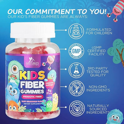Fiber Gummies for Kids Supplement - Daily Prebiotic Fiber for Kids, Supports Regularity, Digestive Health & Immune Support, Nature's Plant Based Chicory Root Vitamins, Vegan, Berry Flavor, 60 Gummies