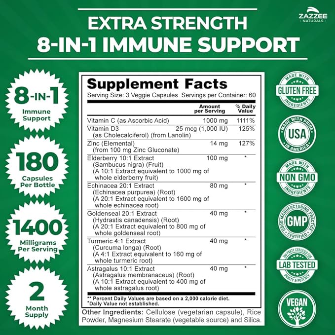 Zazzee Extra Strength 8-in-1 Immune Support, 1400 mg per Capsule, 180 Vegan Capsules, 1000 mg Vitamin C, 1000 IU mg D3, Zinc, Elderberry, Echinacea, Goldenseal, Turmeric and Astragalus, All-Natural