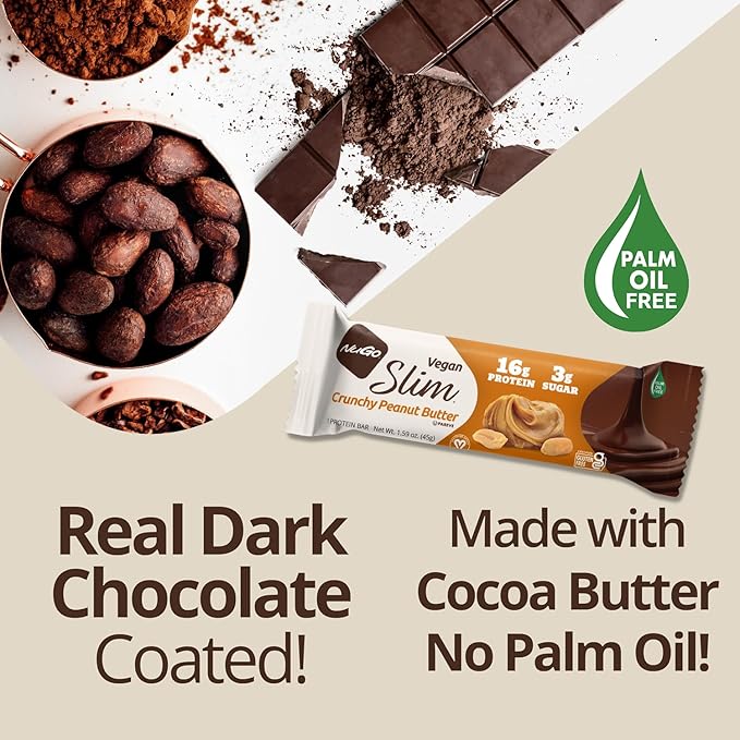 NuGo Slim Dark Chocolate Crunchy Peanut Butter, 17g Vegan Protein, 3g Sugar, 7g Fiber, 180 Calories, Low Net Carbs, Gluten Free, 12 Count