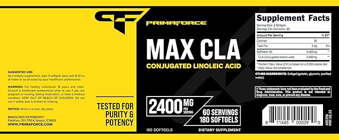 Primaforce CLA 2400 mg per Serving (180 softgels) - for Men and Women, Non-Stimulating, GMO Free & Gluten Free