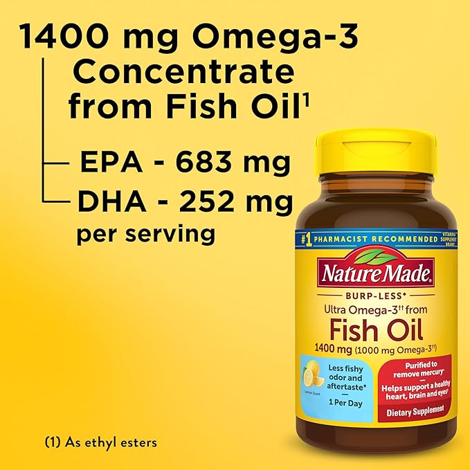 Nature Made Burp Less Ultra Omega 3 Fish Oil 1400 mg, Fish Oil Supplements, Omega 3 Supplement for Healthy Heart, Brain and Eyes Support, One Per Day, 45 Softgels