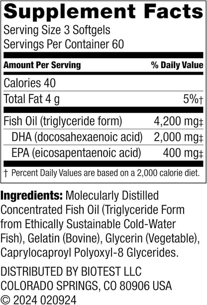 Biotest Flameout - DHA-Rich Fish Oil with 4200mg Omega-3s - High-Potency Formula for Heart, Brain & Joint Health - 180 Softgels (60-Day Supply)