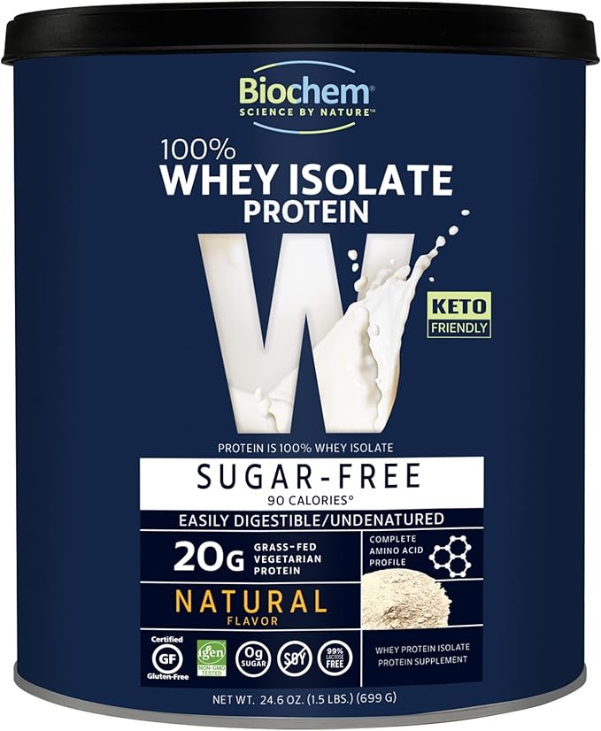 Biochem 100% Whey Isolate Protein Powder - Grass Fed, Low Carb, Keto-Friendly, Non-GMO, Gluten-Free - Supports Immune Health & Muscle Recovery 20g Vegetarian Protein per Serving - Natural Flavor,1.5lb